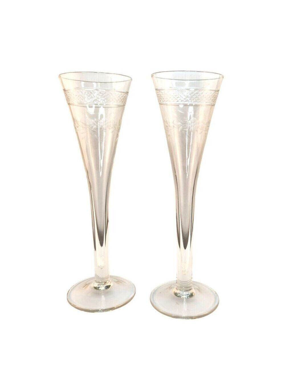 Vintage Crystal Champagne Flutes Set Of 2 Floral Diamond Cut